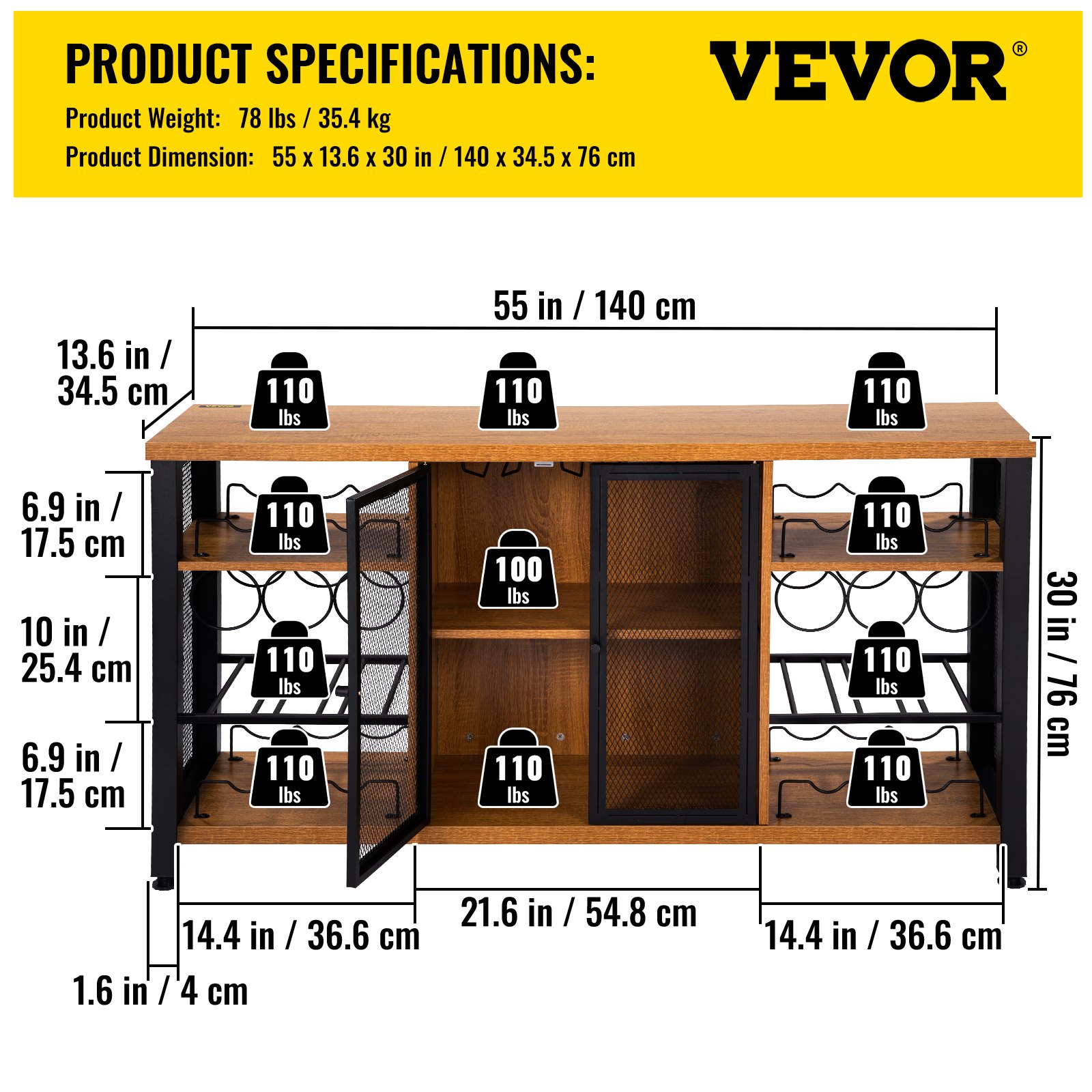 VEVOR industrial bar cabinet with weight limits per shelf, dimensions, and product specifications.
