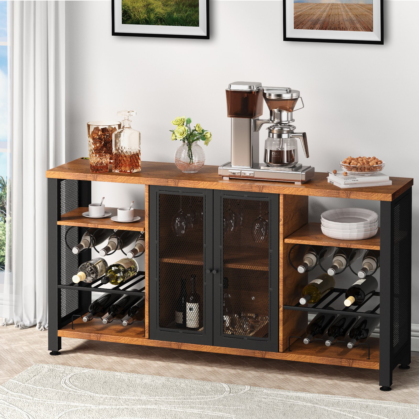 VEVOR industrial bar cabinet with wine storage, glass doors, coffee machine, and decorative items.