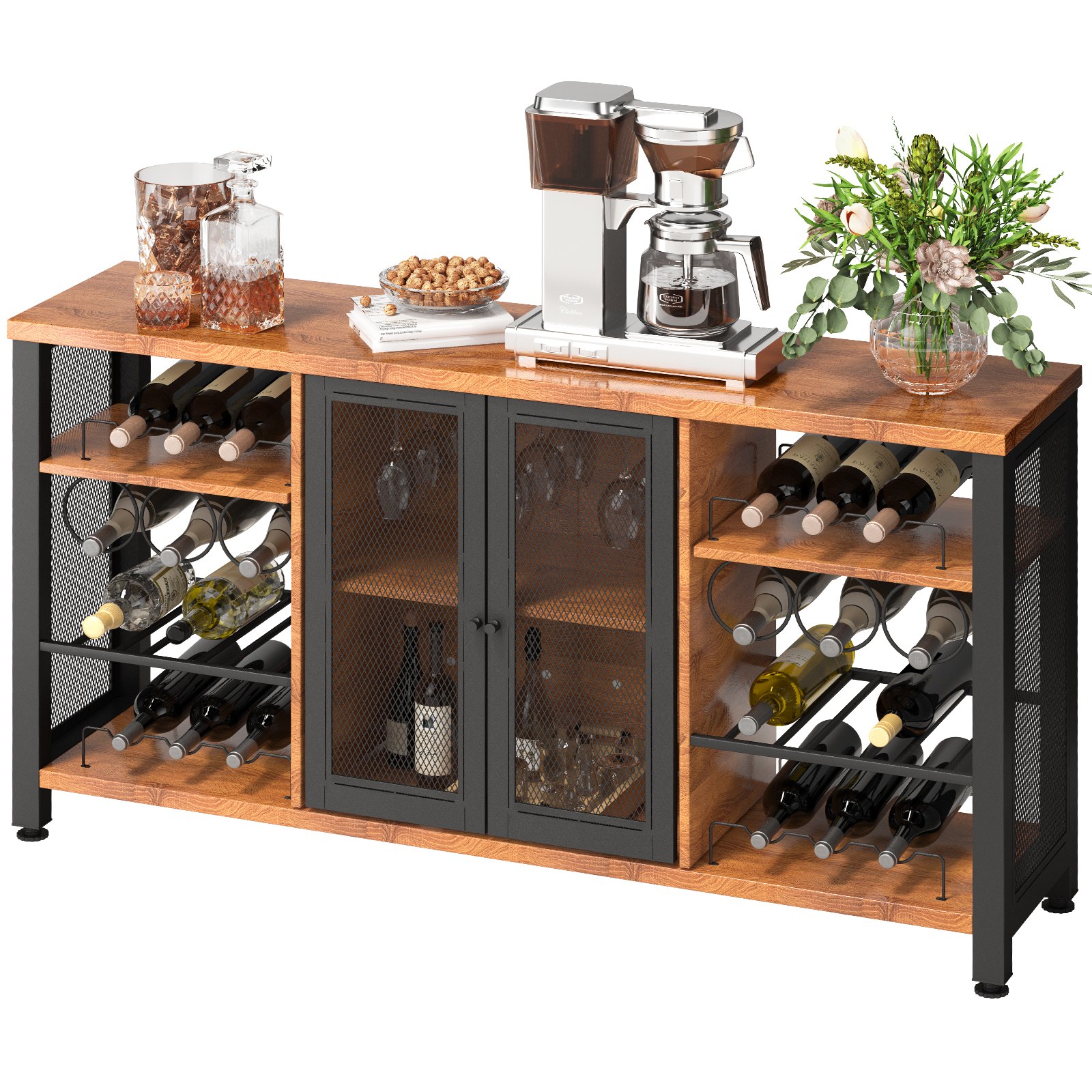 VEVOR industrial bar cabinet with glass storage, coffee maker, decanters, nuts, and floral arrangement.