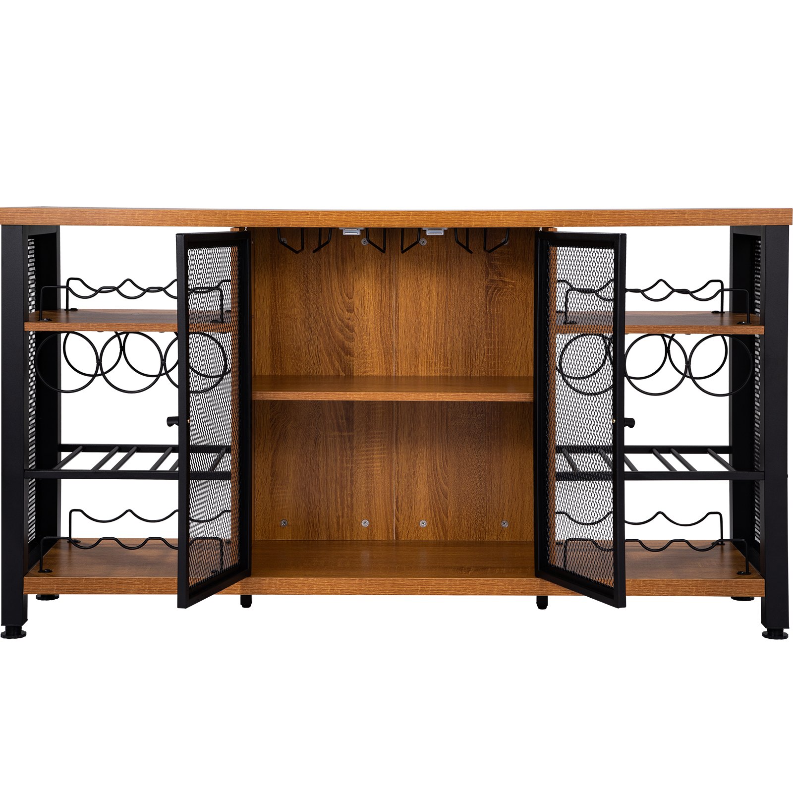 VEVOR industrial bar cabinet with wine racks, mesh doors, and wooden shelves in a black metal frame.