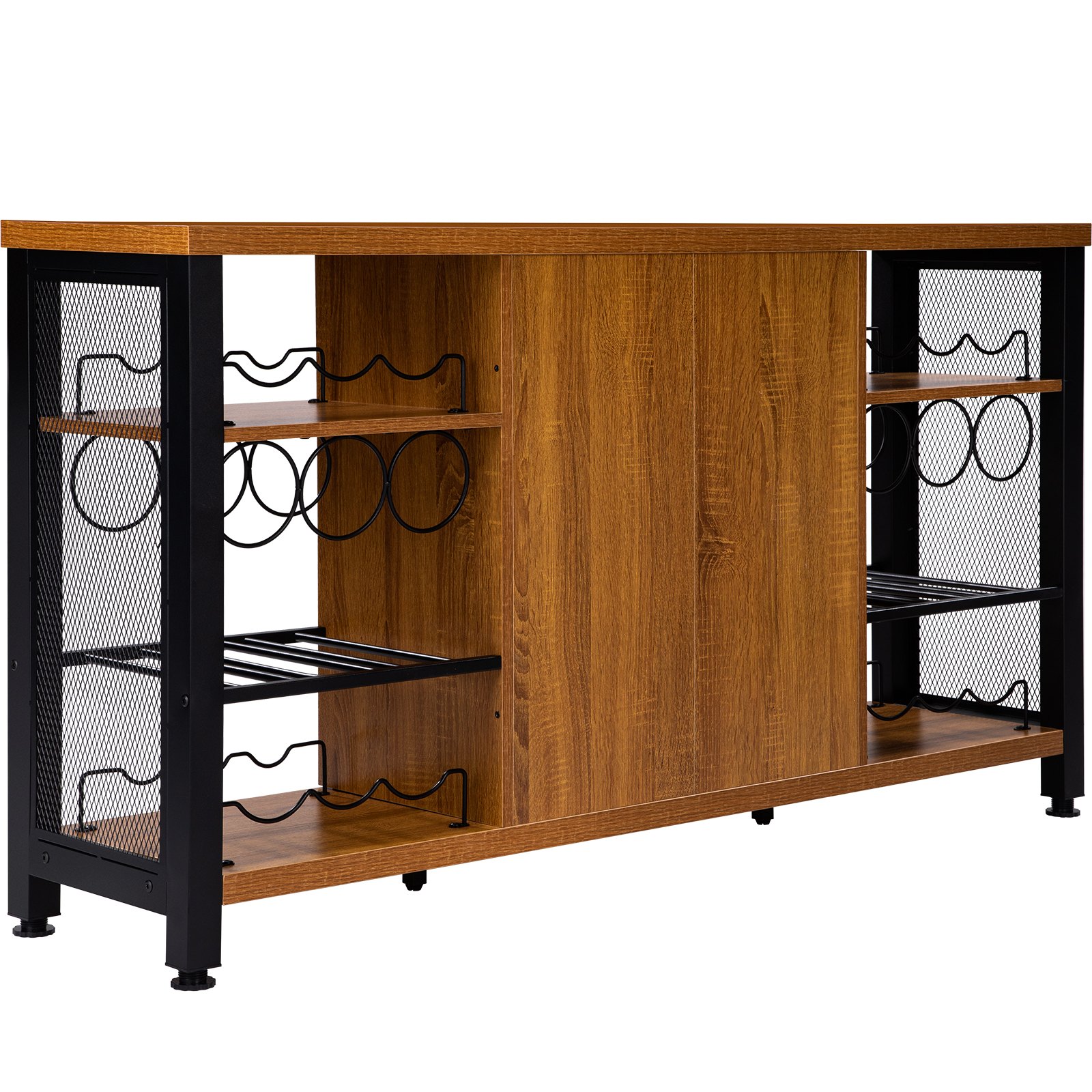 wood and metal VEVOR industrial bar cabinet with wine storage shelves and mesh sides.