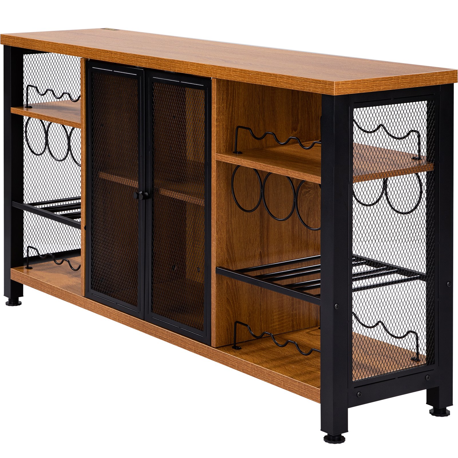 VEVOR industrial bar cabinet with mesh doors, wood shelves, black metal frame, and wine bottle storage.
