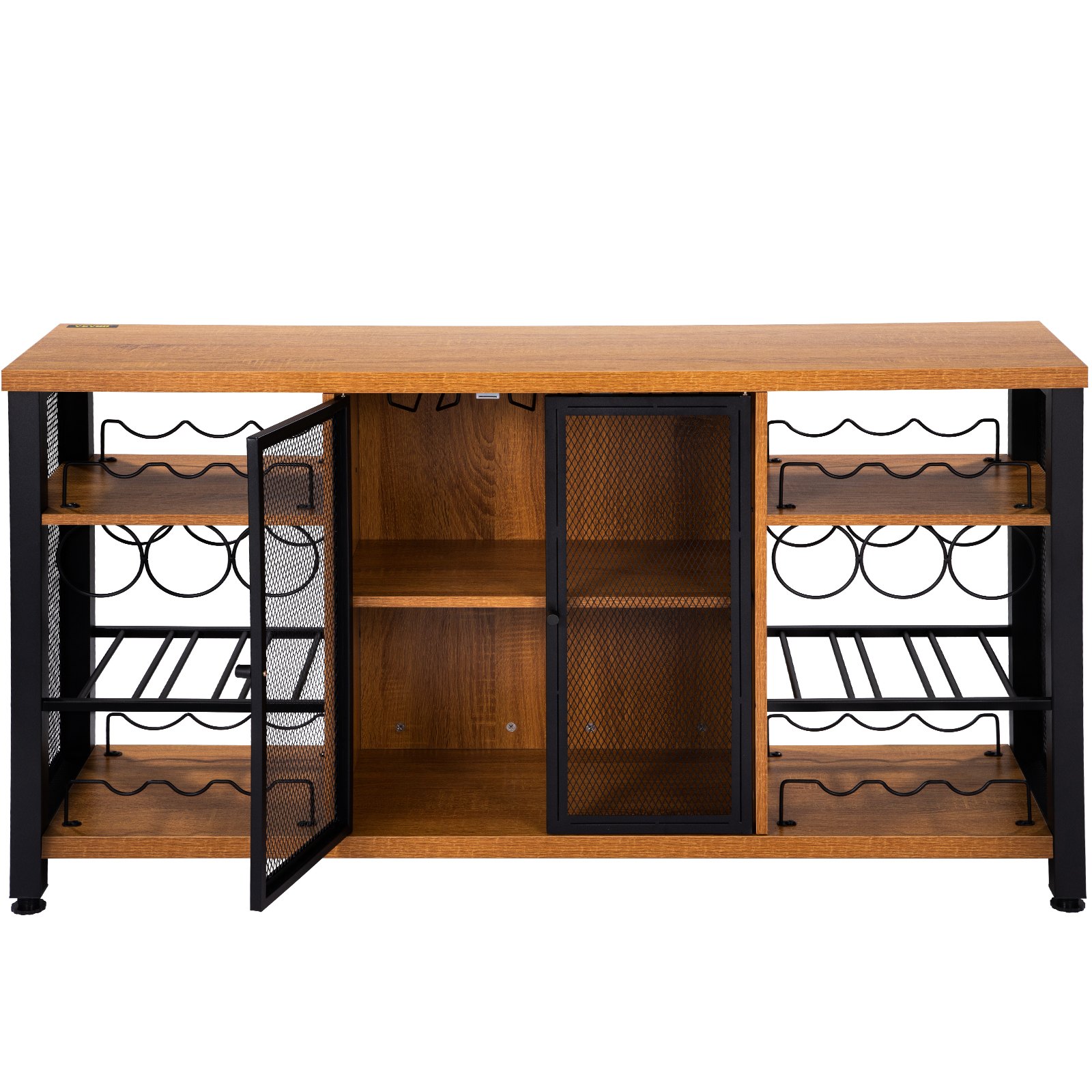VEVOR industrial bar cabinet with wooden shelves, metal wine racks, and mesh cabinet doors.