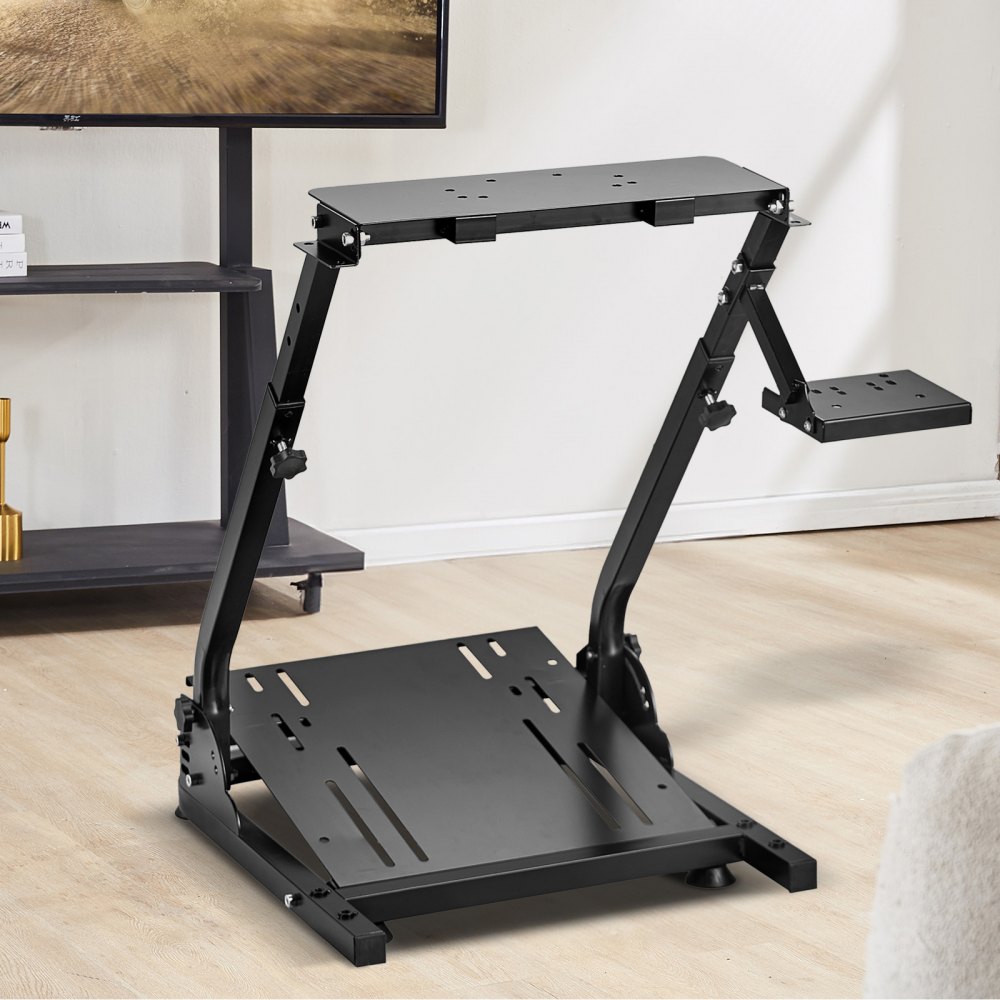 VEVOR racing simulator stand in modern living room setup.