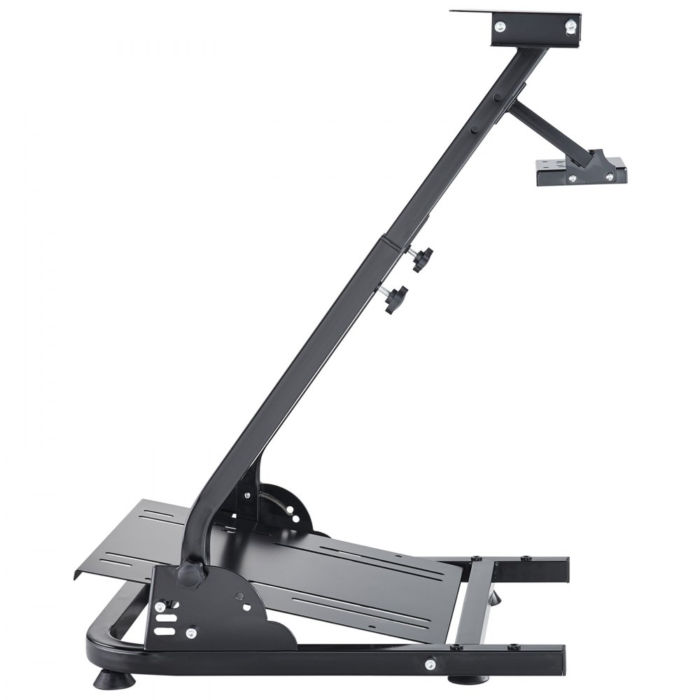 VEVOR racing simulator stand with adjustable wheel and pedal mount, sleek black design.
