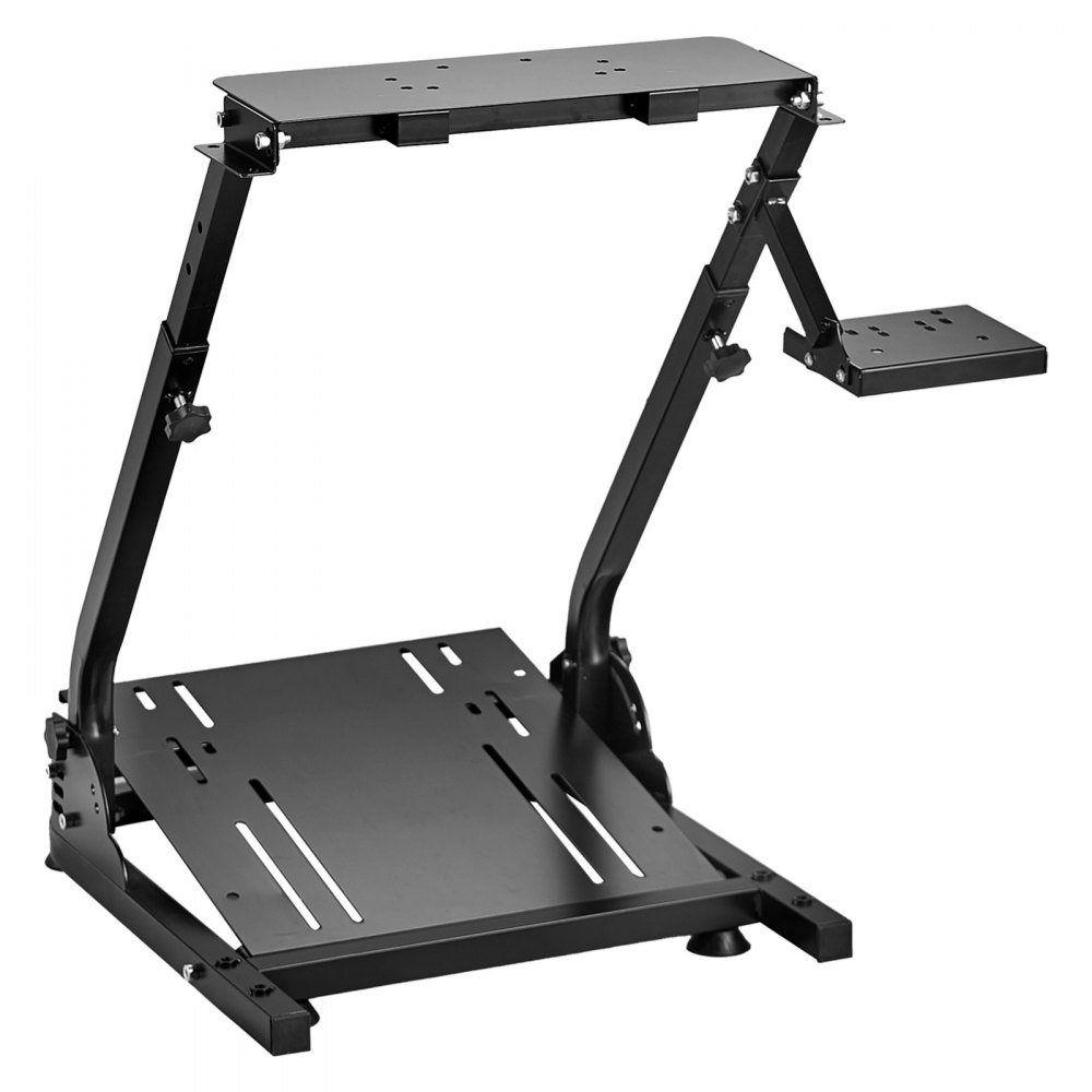 VEVOR racing simulator stand with adjustable platforms and sturdy black frame.