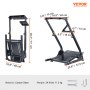 VEVOR racing simulator stand, adjustable carbon steel frame, with dimensions and weight.