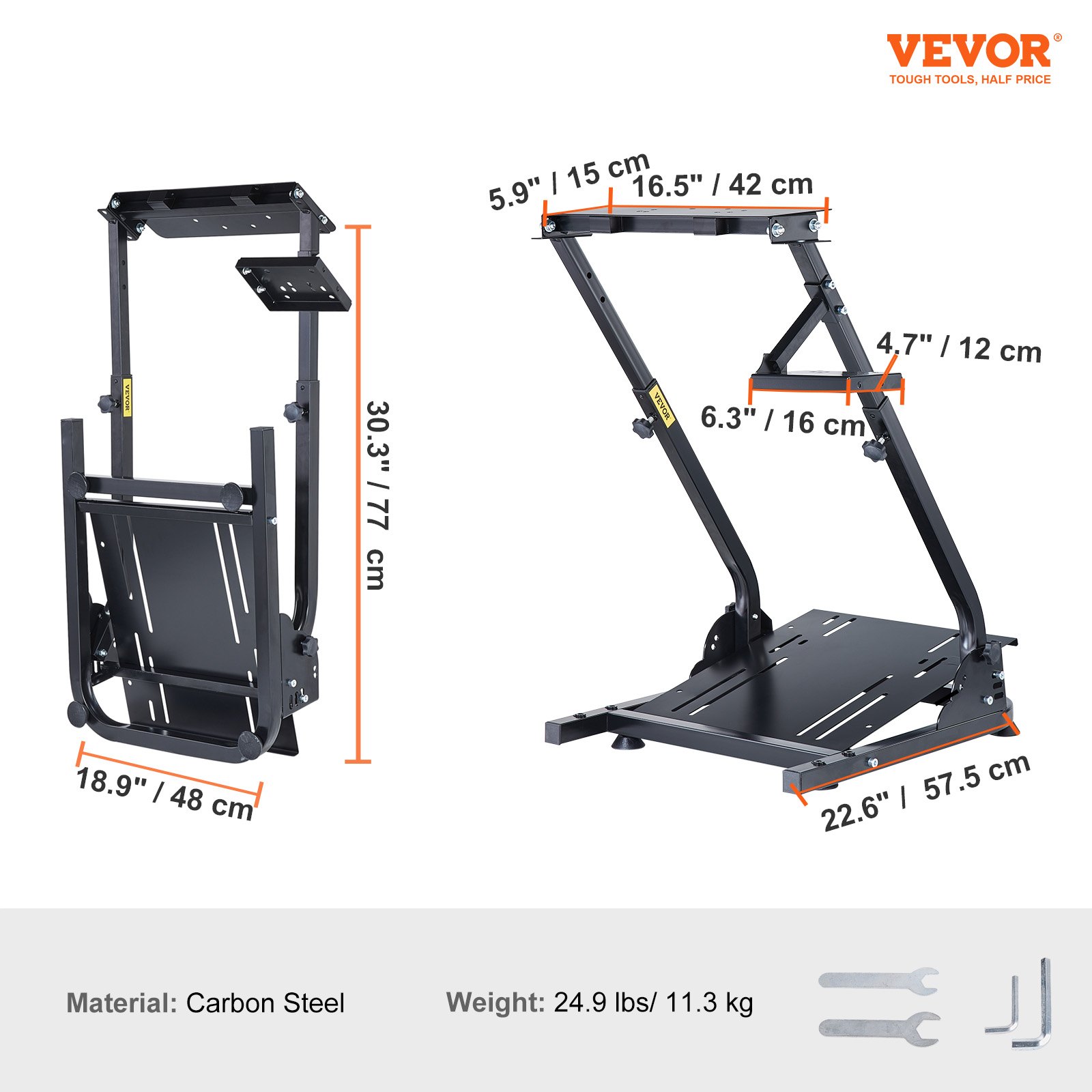 VEVOR racing simulator stand, adjustable carbon steel frame, with dimensions and weight.