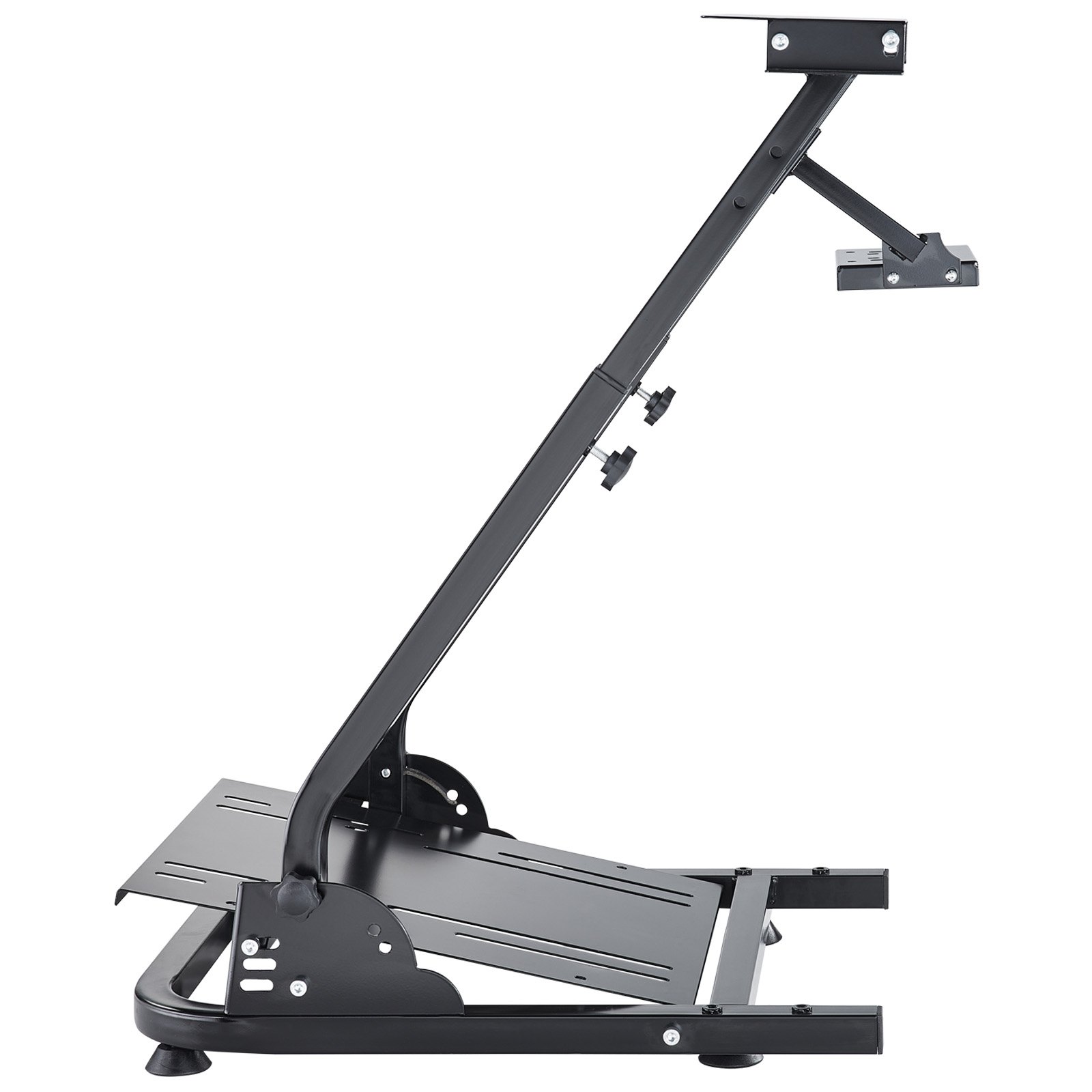 VEVOR racing simulator stand with adjustable wheel and pedal mount, sleek black design.