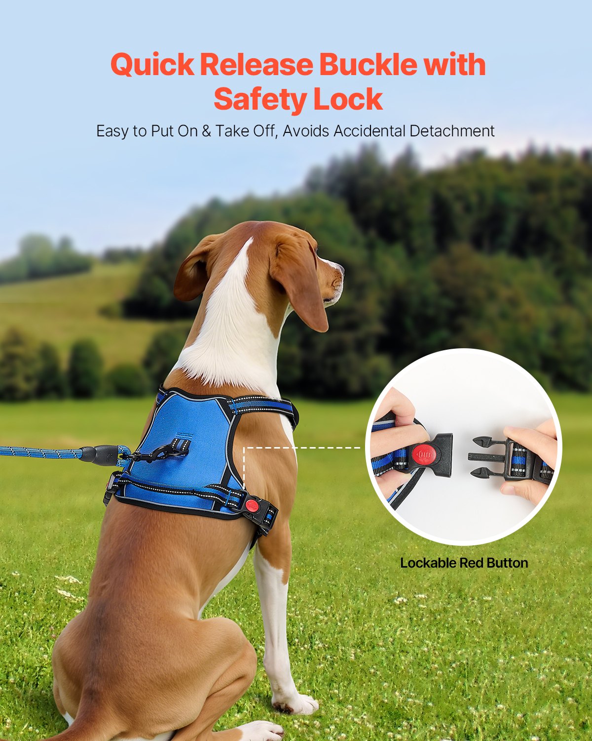 VEVOR Dog Harness for Large Dogs, No Pull Adjustable Dog Vest Pet Harness, with 5ft Leash, Handle, Metal Rings, Buckles, Reflective Stitching 600D Oxford Fabric, for Training, Walking, and Hiking