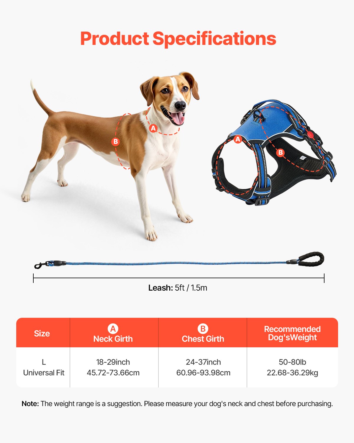 VEVOR Dog Harness for Large Dogs, No Pull Adjustable Dog Vest Pet Harness, with 5ft Leash, Handle, Metal Rings, Buckles, Reflective Stitching 600D Oxford Fabric, for Training, Walking, and Hiking
