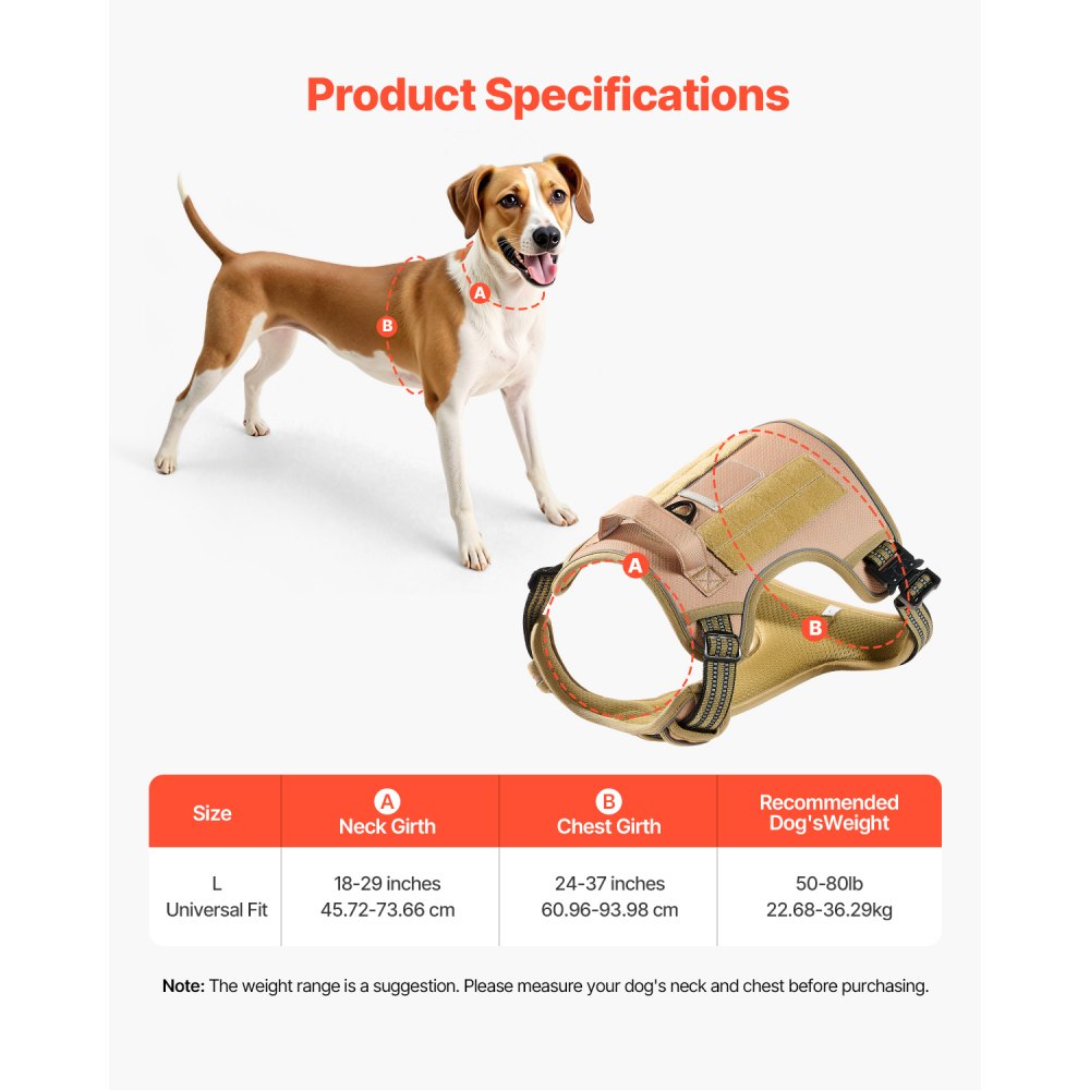 VEVOR Dog Harness for Large Dogs, No Pull Tactical Dog Harness Adjustable Pet Vest, with Handle, Metal Rings, Buckles, Reflective Stitching Nylon Oxford Fabric, for Training, Walking, and Hiking