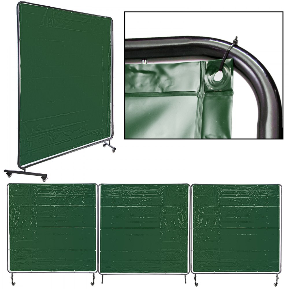 VEVOR Welding Curtain 6' x 6' Welding Screens, Flame Retardant 3 Panel Welding Curtain with Frame and Wheels, Translucent Welding Shield, Flame Resistance Weld Curtain, Adjustable Size, Green