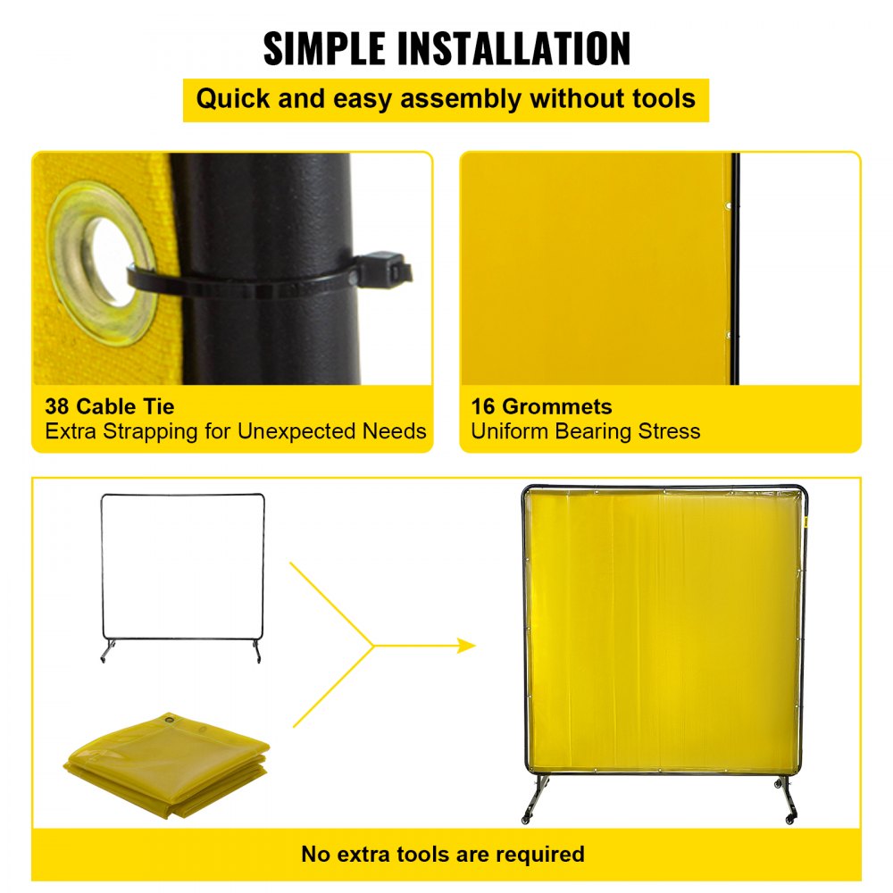 VEVOR Welding Screen with Frame 6\' x 6\', Welding Curtain with 4 Wheels, Welding Protection Screen Yellow Flame-Resistant Vinyl, Portable Light-Proof Professional