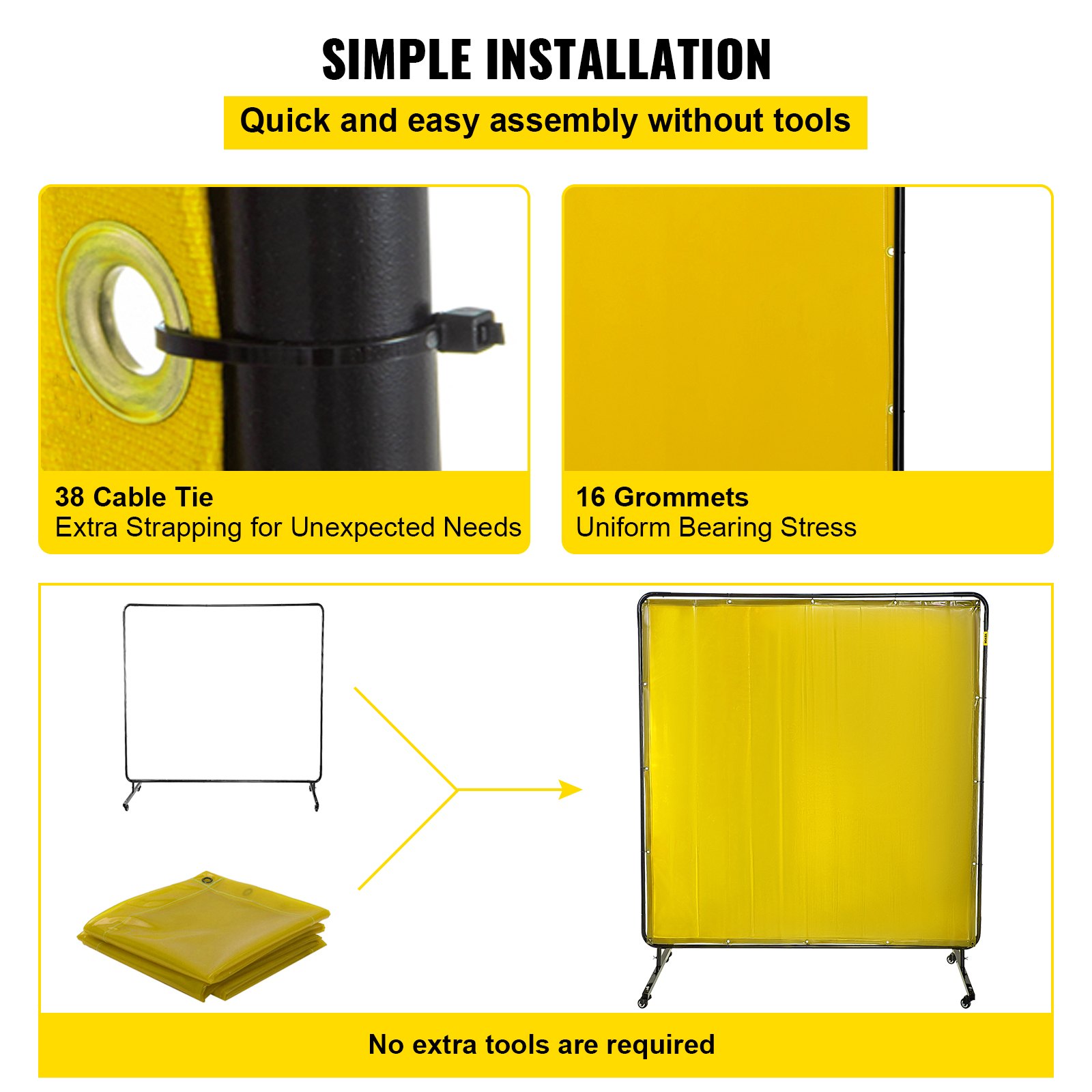 VEVOR 6' x 6' Welding Screen with Frame Yellow Vinyl Portable Welding Curtain with Wheels Light-Proof Welding Protection Screen Professional