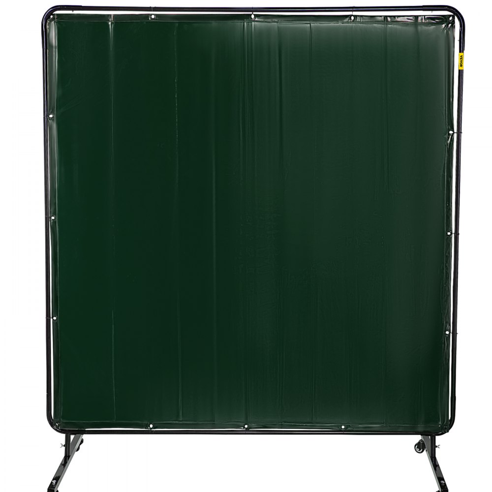 VEVOR welding screen, green protective barrier with black metal frame on wheels.