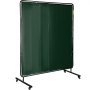 green VEVOR welding screen with black metal frame and caster wheels.