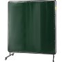 green VEVOR welding screen with metal frame and caster wheels.