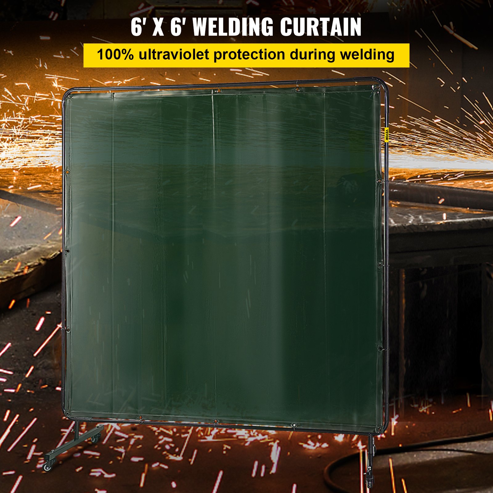 VEVOR welding screen with 100% uv protection and sparks in the background.