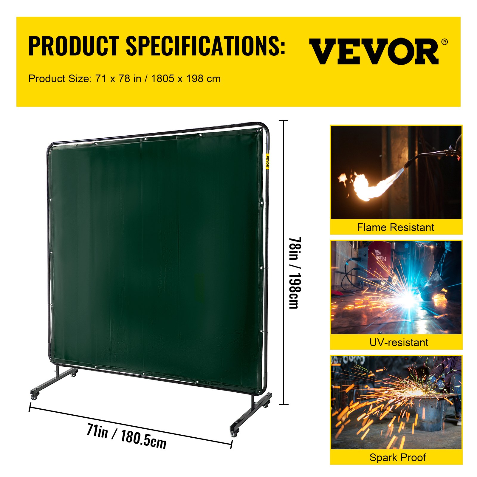 VEVOR welding screen, 71x78 inches, flame-resistant, uv-resistant, spark proof.