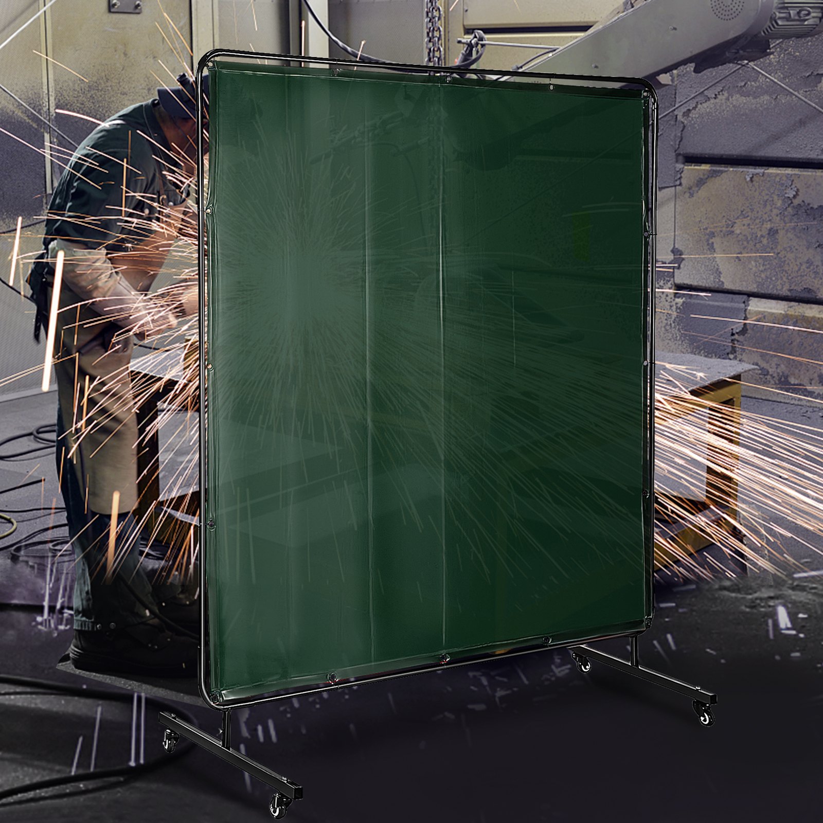 VEVOR welding screen protecting against sparks with welder working in the background.