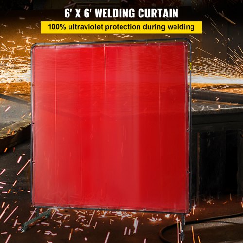 VEVOR 6' x 6' Welding Screen with Frame Red Vinyl Portable Welding Curtain with Wheels Light-Proof Welding Protection Screen Professional
