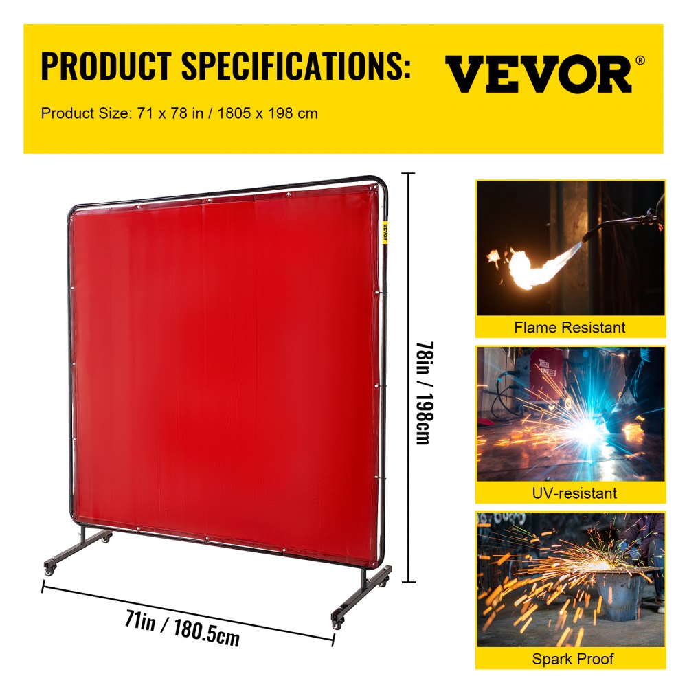 VEVOR welding screen, 71x78in, flame resistant, uv-resistant, and spark proof.