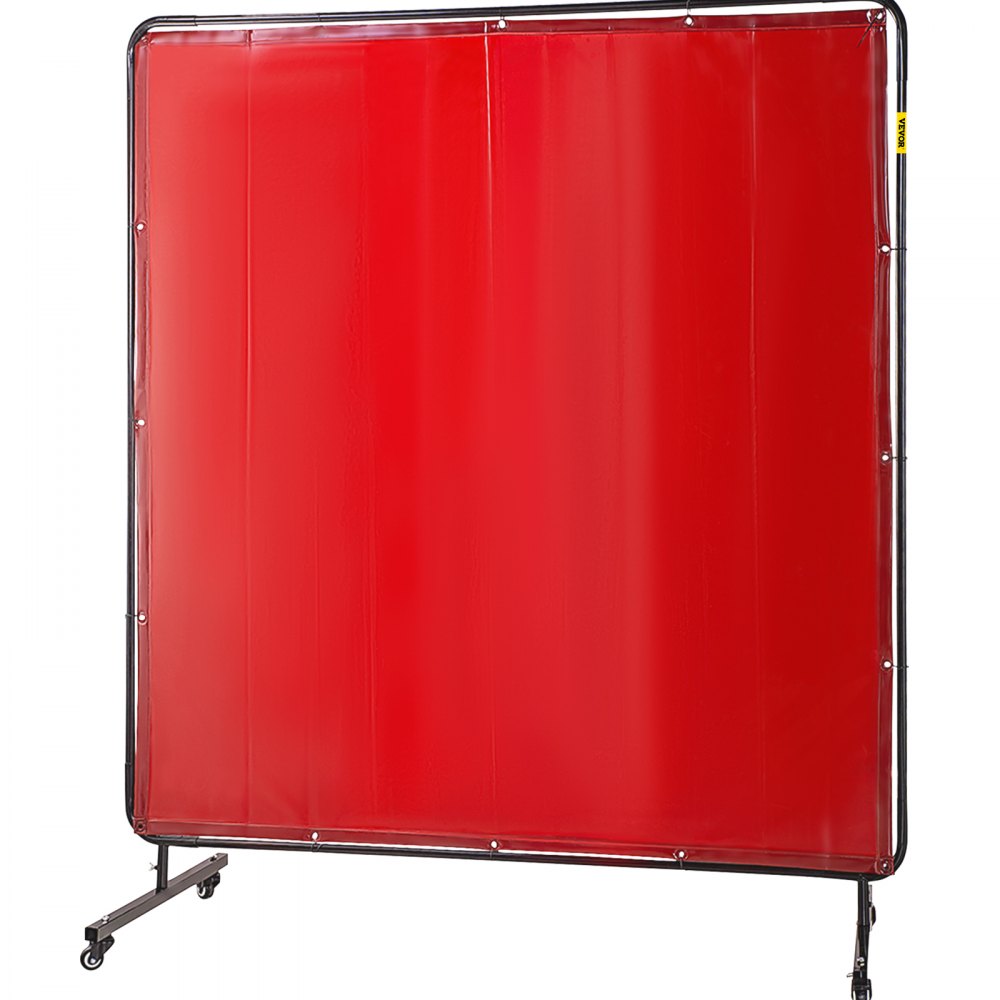 red VEVOR welding screen with black frame and wheels for mobility.