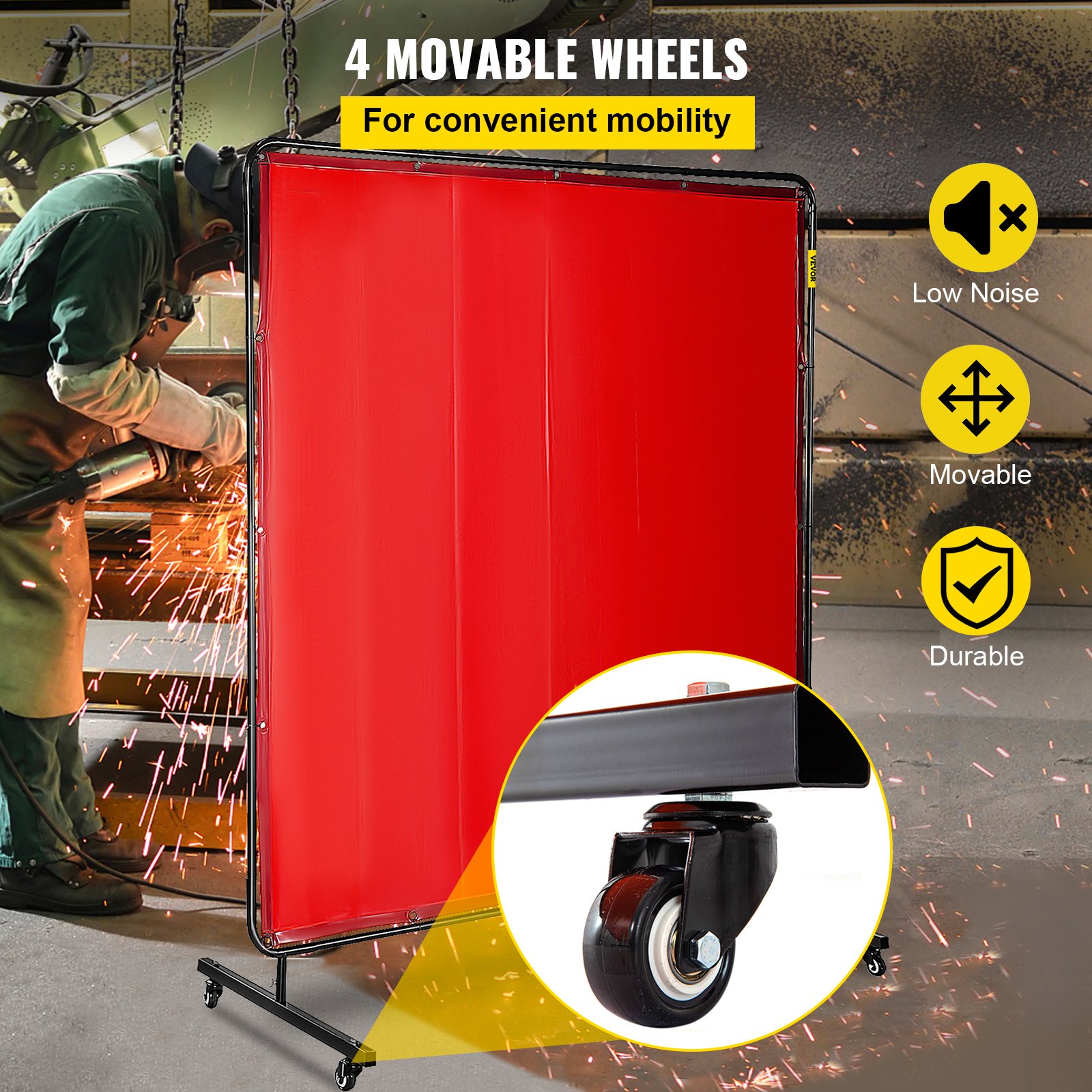 VEVOR welding screen with 4 movable wheels for easy mobility, low noise, and durability.