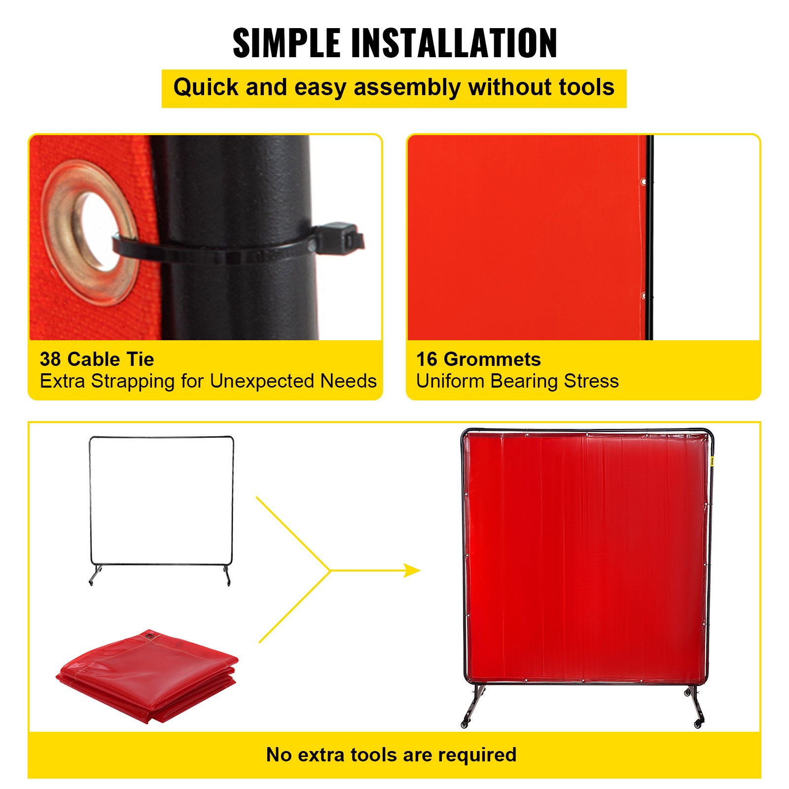 VEVOR welding screen assembly with 38 cable ties and 16 grommets, no tools needed.