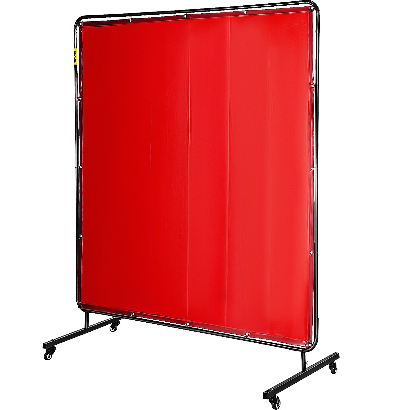 red VEVOR welding screen with black frame and wheels for mobility.