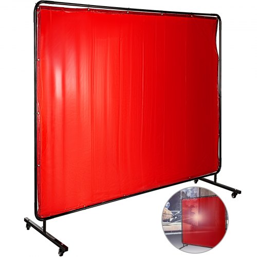 VEVOR 8' x 6' Welding Screen with Frame Red Vinyl Portable Welding Curtain with Wheels Welding Protection Screen