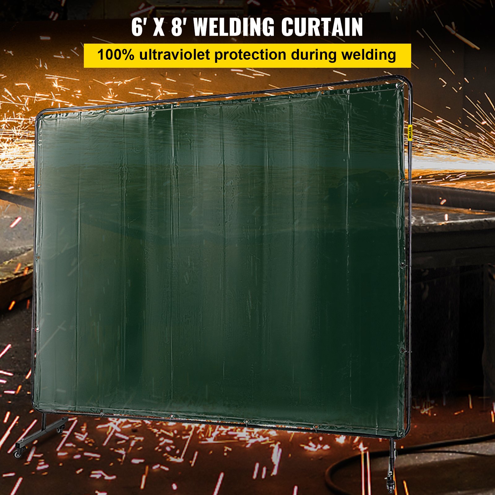 VEVOR 8' x 6' Welding Screen with Frame Green Vinyl Portable Welding Curtain with Wheels Welding Protection Screen
