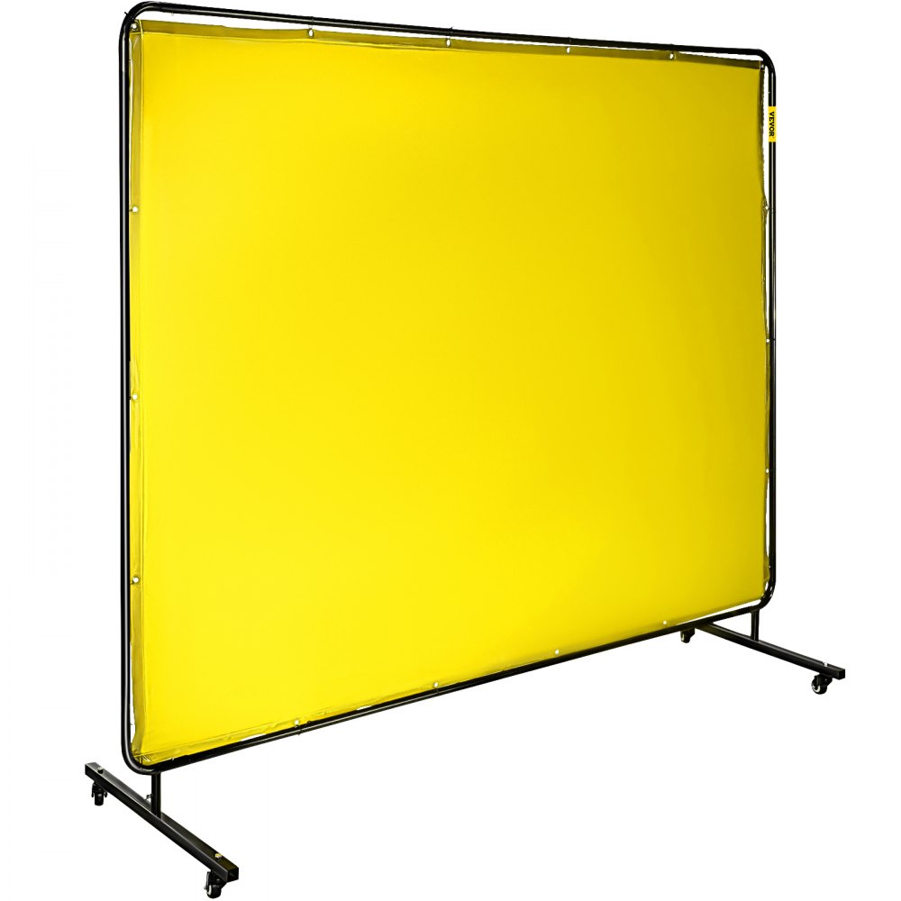 yellow VEVOR welding screen with black metal frame and wheels for easy mobility.