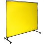 yellow VEVOR welding screen with black metal frame and wheels for easy mobility.