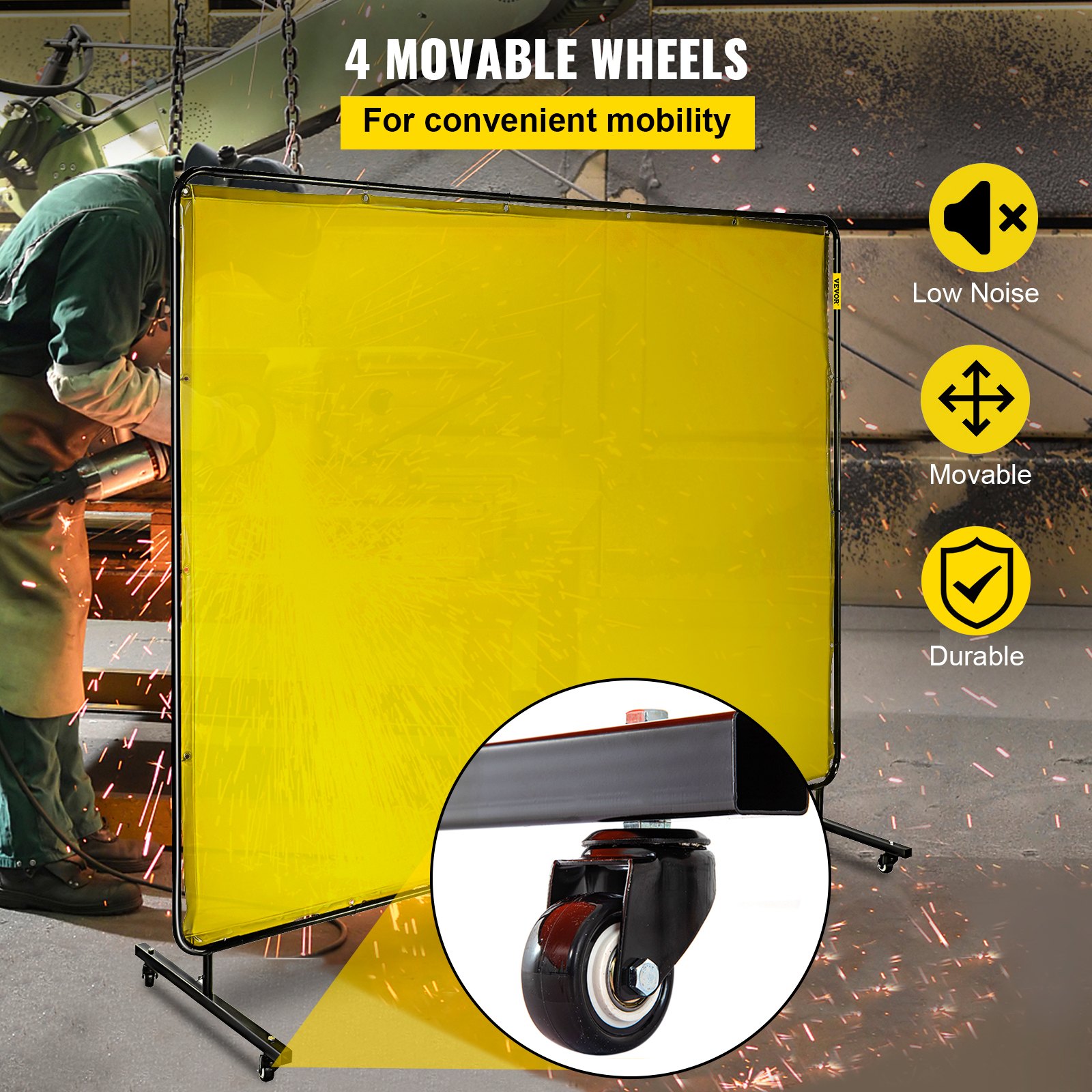 VEVOR welding screen with 4 movable wheels for easy mobility; low noise, movable, durable.