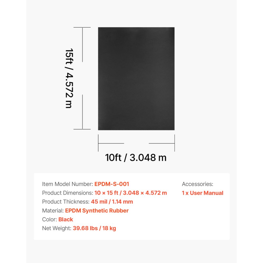 VEVOR Roll Roofing, 3 x 4.57 mt, 45 mil EPDM Rubber Roofing, Long Lifespan & Weather-resistant, Withstands Harsh Temperatures, Flexible & Easy Installation, Roof Underlayment for RVs, Roofs, Ponds