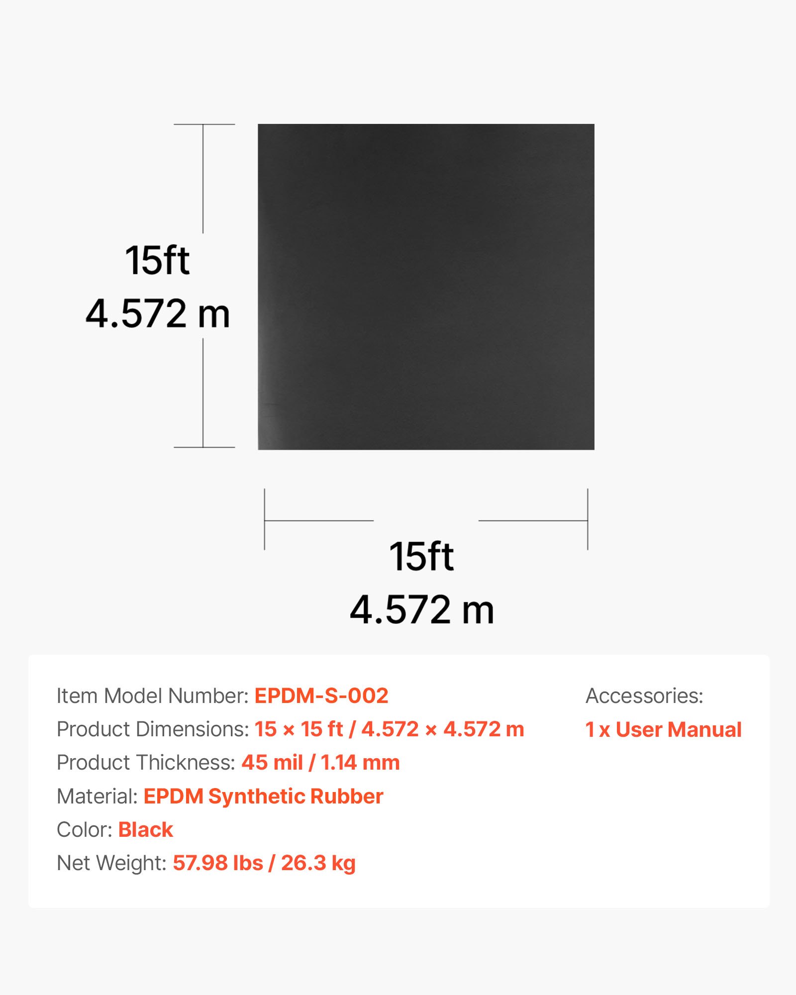 VEVOR Roll Roofing, 4.57 x 4.57 m, 45 mil EPDM Rubber Roofing, Long Lifespan & Weather-resistant, Withstands Harsh Temperatures, Flexible & Easy Installation, Roof Underlayment for RVs, Roofs, Ponds