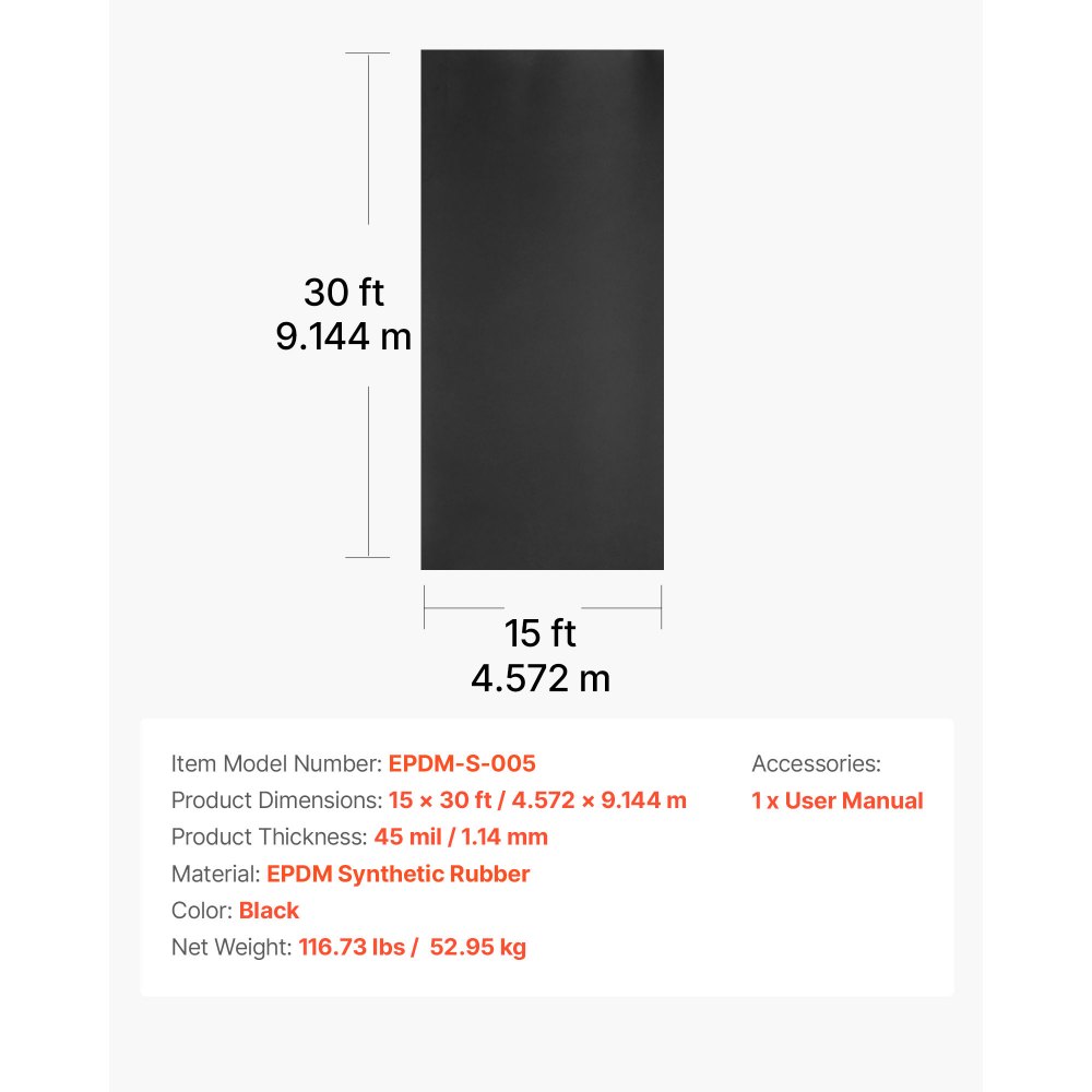 VEVOR Roll Roofing, 4.57 x 9.14 m, 45 mil EPDM Rubber Roofing, Long Lifespan & Weather-resistant, Withstands Harsh Temperatures, Flexible & Easy Installation, Roof Underlayment for RVs, Roofs, Ponds