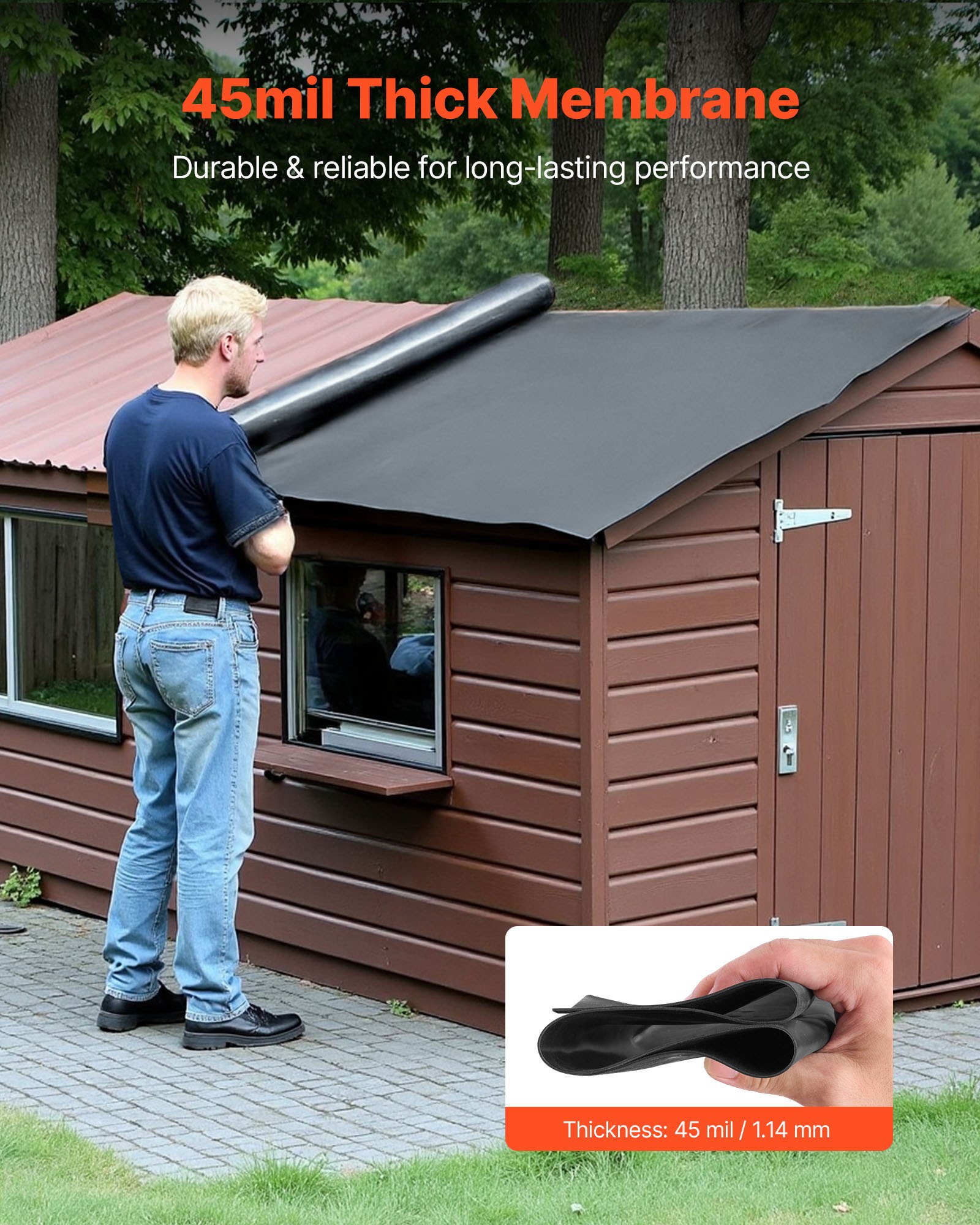 VEVOR Roll Roofing, 4.57 x 9.14 m, 45 mil EPDM Rubber Roofing, Long Lifespan & Weather-resistant, Withstands Harsh Temperatures, Flexible & Easy Installation, Roof Underlayment for RVs, Roofs, Ponds