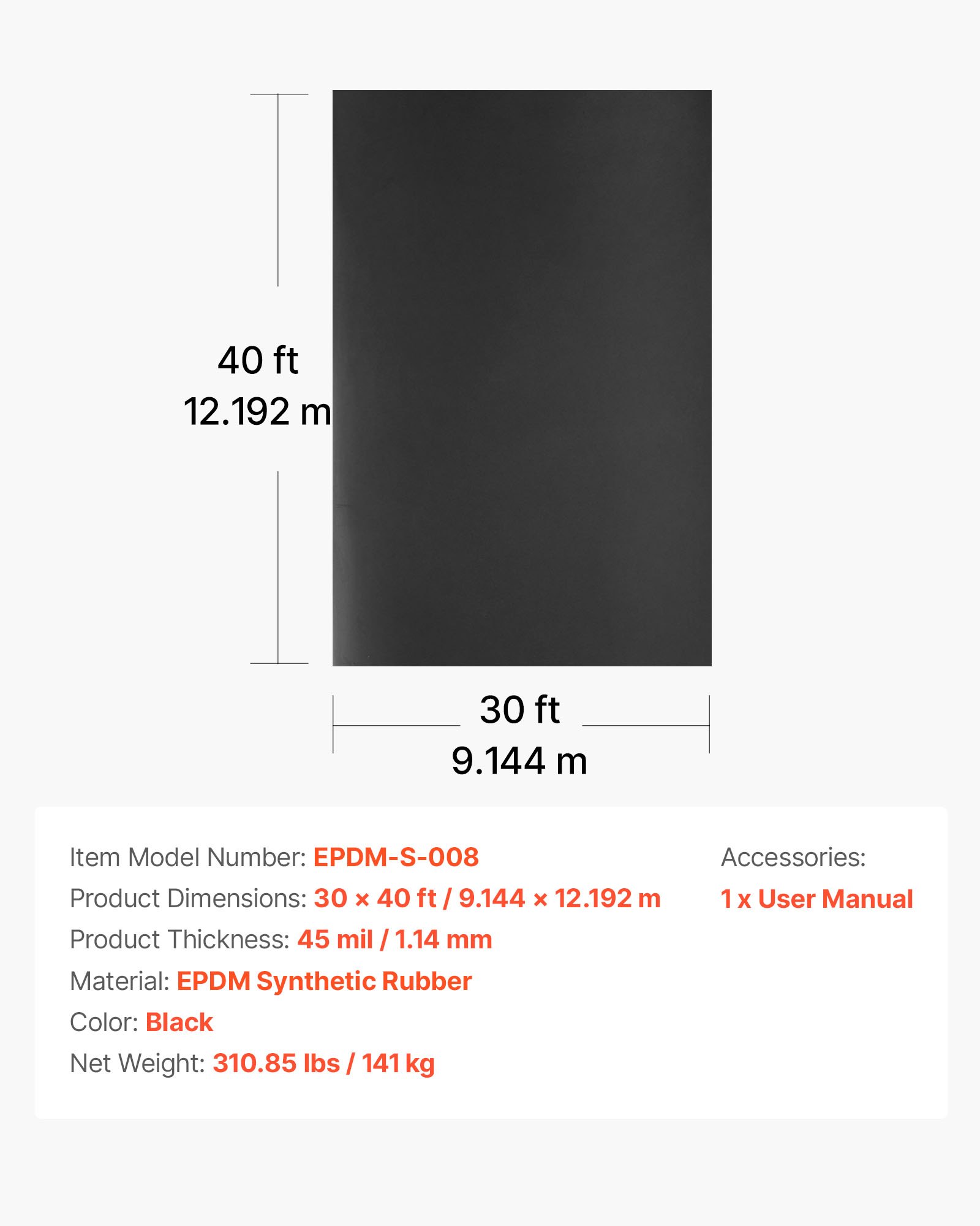 VEVOR Roll Roofing, 30 x 40 ft, 45 mil EPDM Rubber Roofing, Long Lifespan & Weather-resistant, Withstands Harsh Temperatures, Flexible & Easy Installation, Roof Underlayment for RVs, Roofs, Ponds
