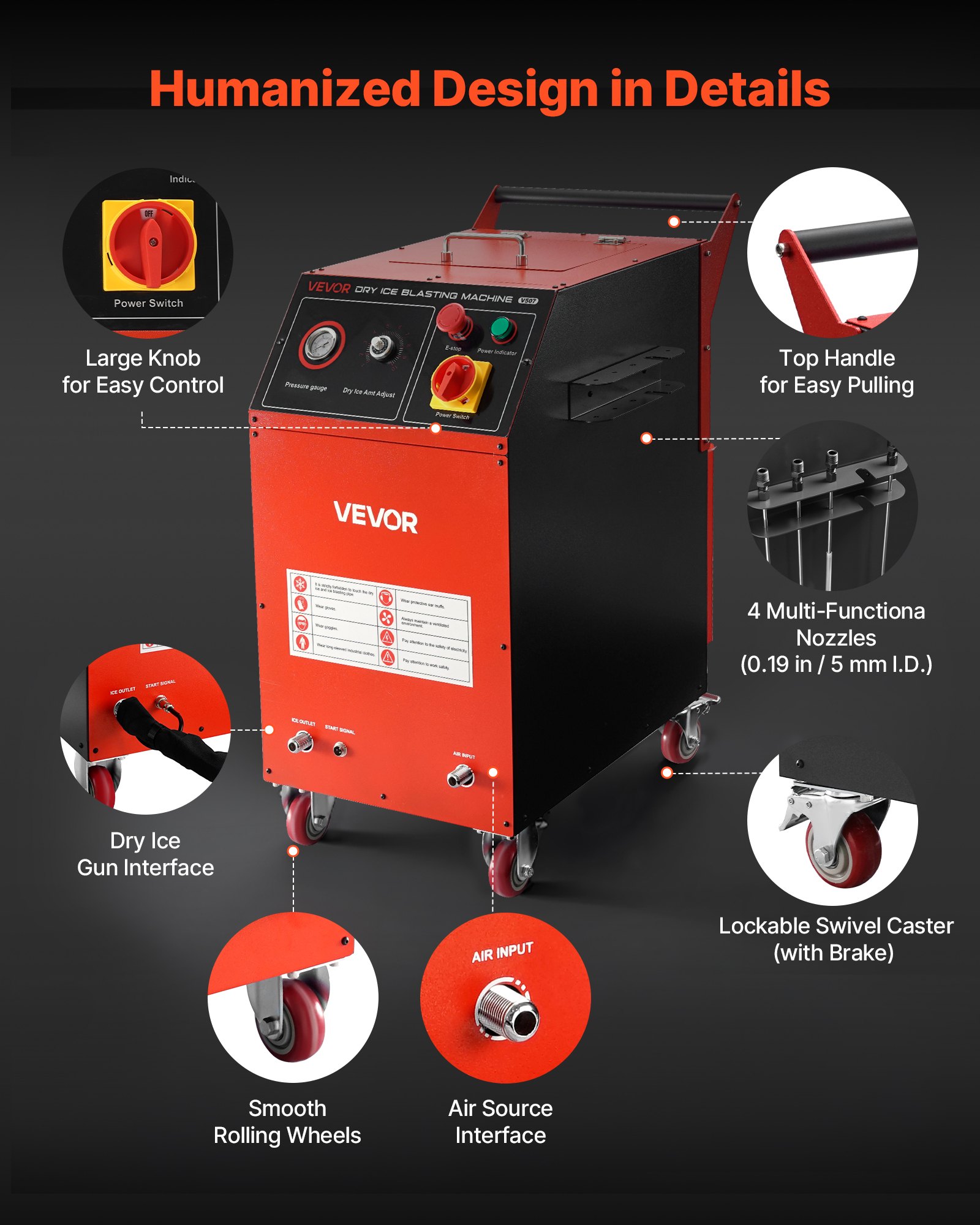 Tryskací stroj VEVOR pro suchý led, kapacita 7,5 kg, čištění suchým ledem se 4 tryskami, nastavitelný tlak a množství suchého ledu, pohyblivý tryskací stroj pro automobilový, lodní, letecký, chemický průmysl