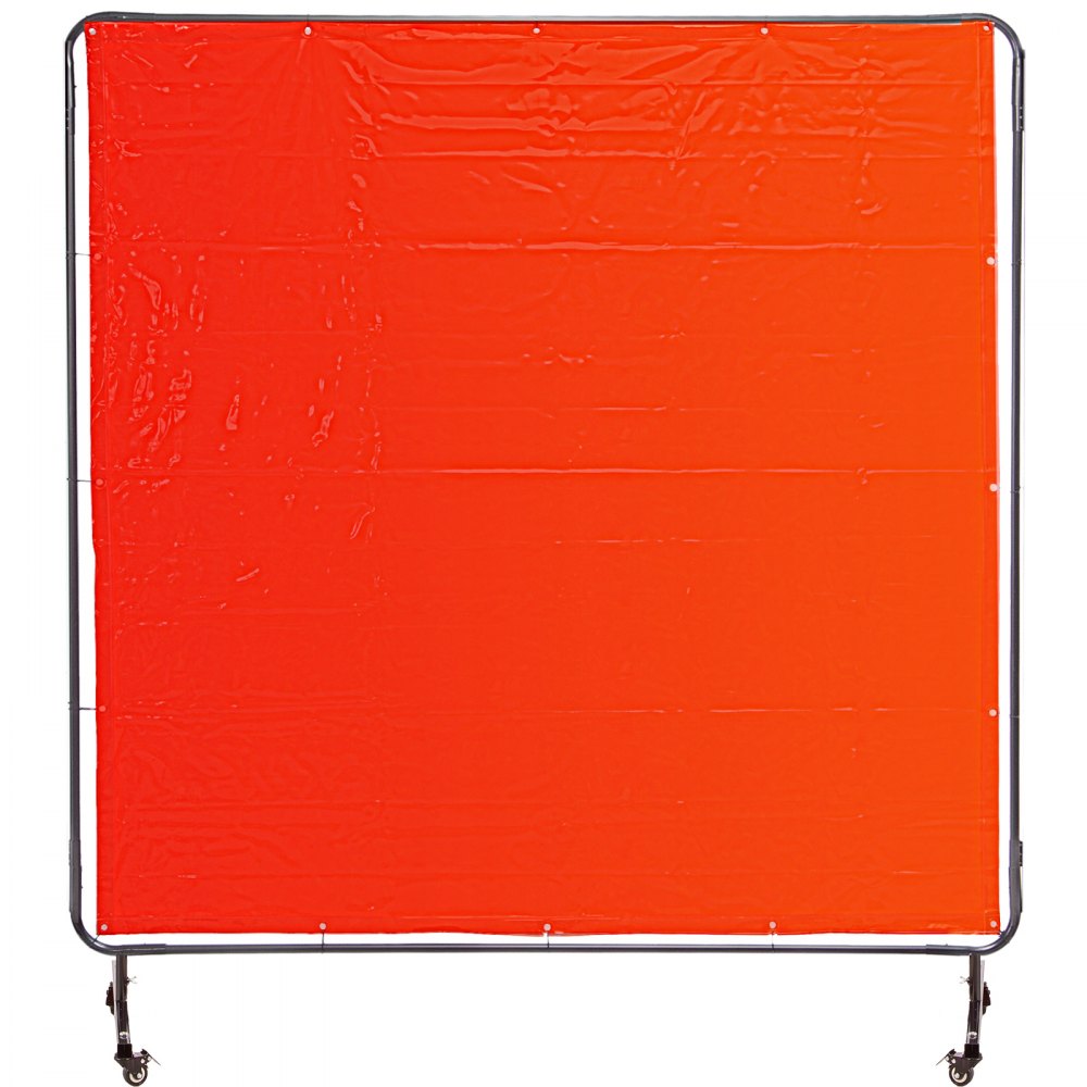 red VEVOR welding screen on metal frame with wheels.