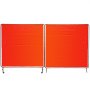 red VEVOR welding screen with metal frame and attached wheels.