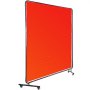 red VEVOR welding screen with metal frame and caster wheels.