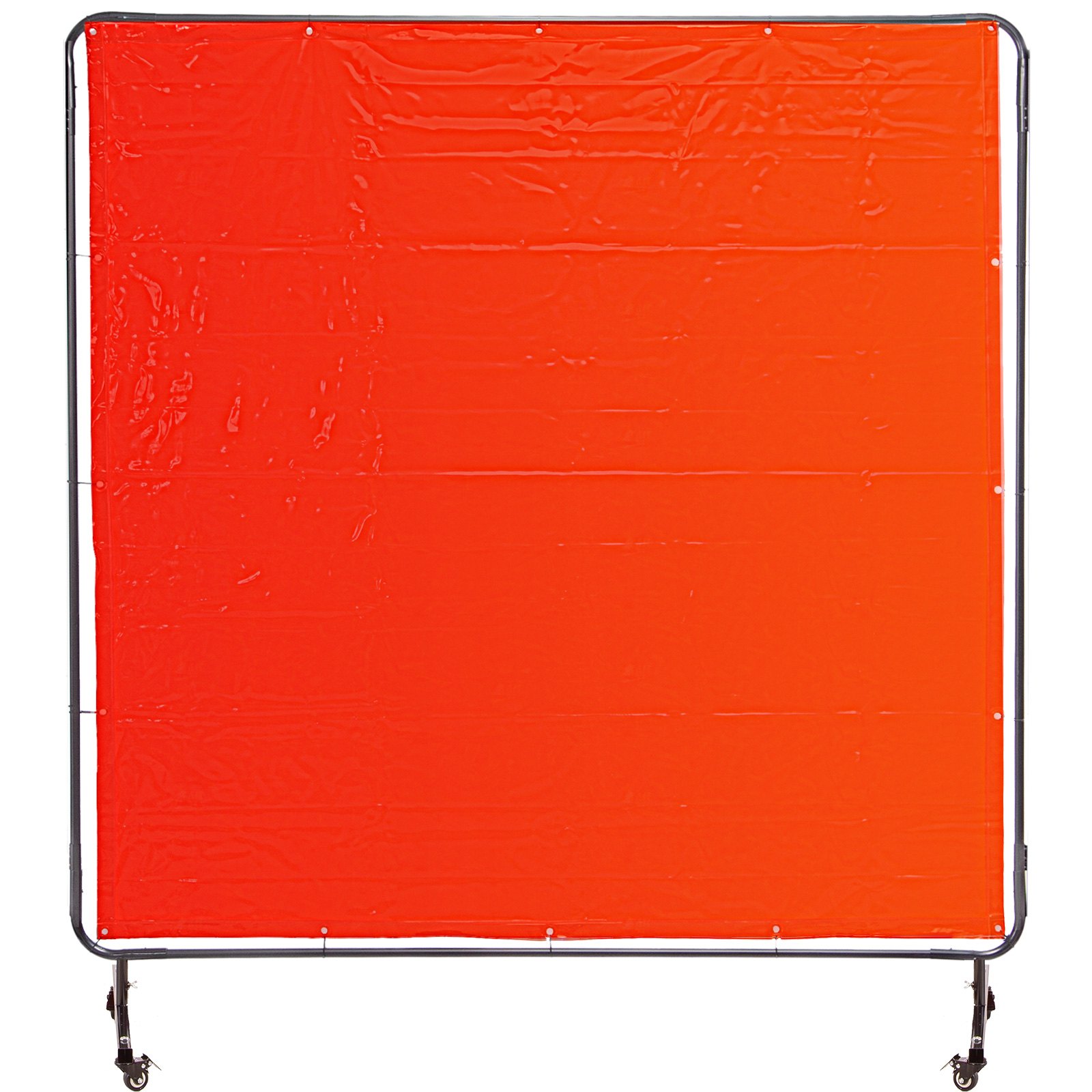 red VEVOR welding screen on metal frame with wheels.