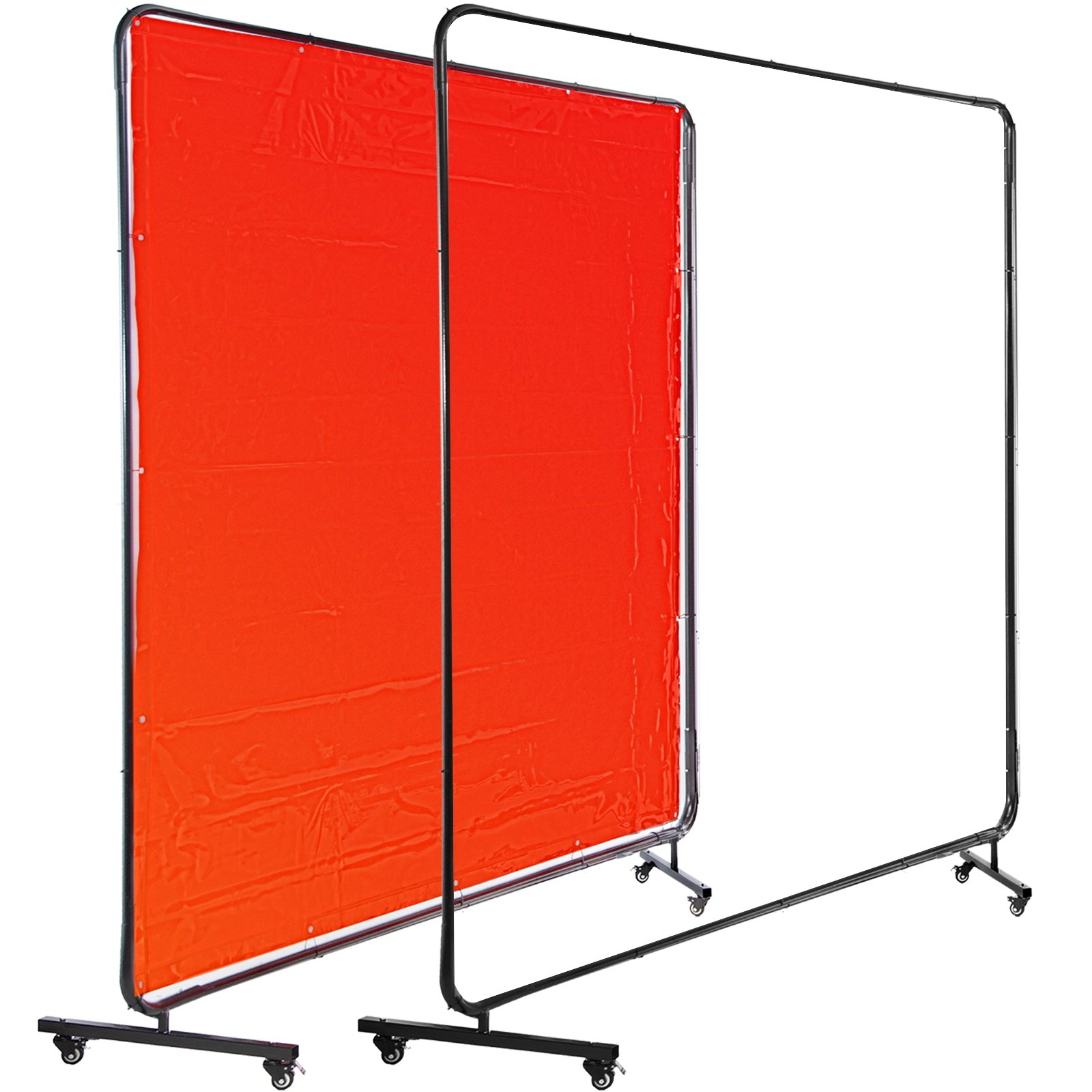 red VEVOR welding screen with a black frame and wheels for mobility.