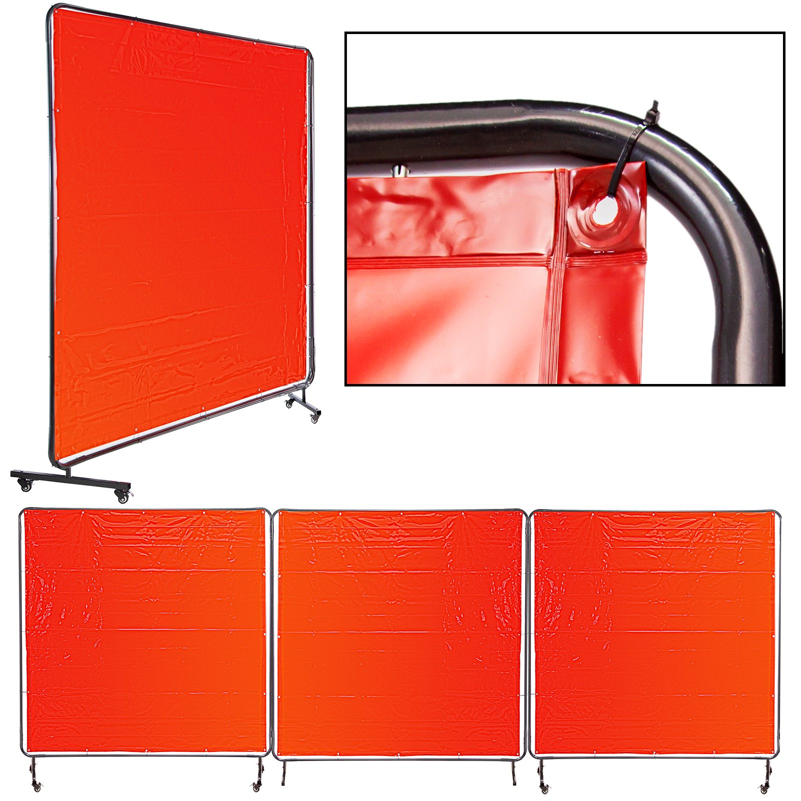 VEVOR welding screen in bright red with frame and close-up of corner attachment.