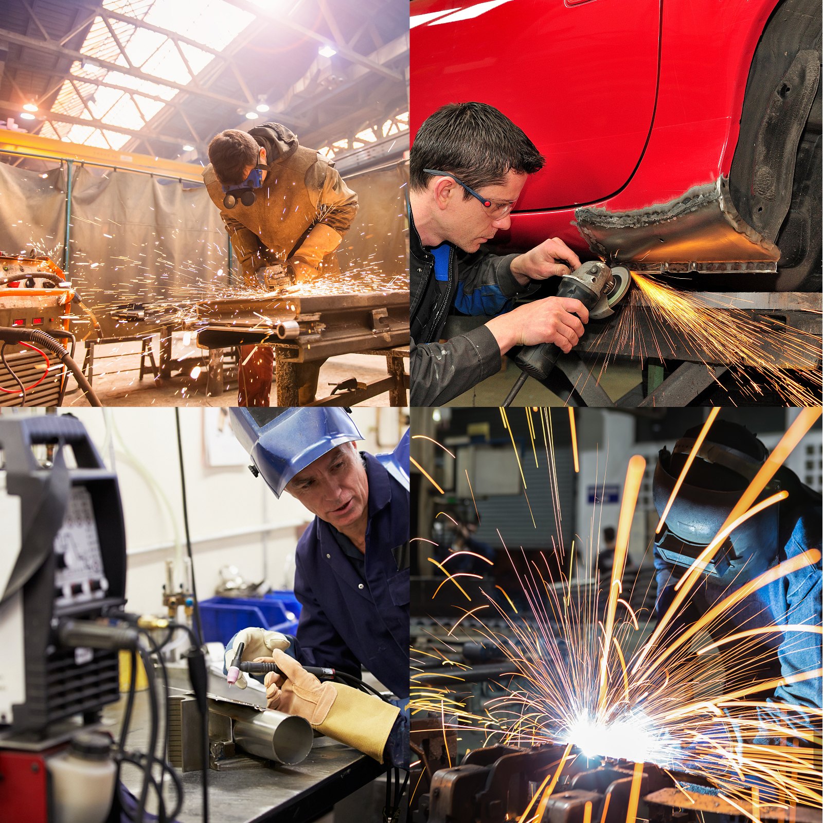 workers using welding tools with sparks flying, VEVOR welding screen in background.