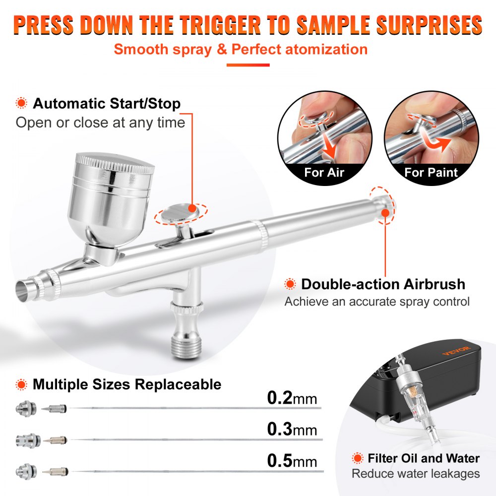 VEVOR Airbrush Kit, Portable Airbrush Set with Compressor, Airbrushing System Kit with Multi-purpose Dual-action Gravity Feed Airbrushes, Art Nail Cookie Tattoo Makeup Cake Decorating Spray Model Craf
